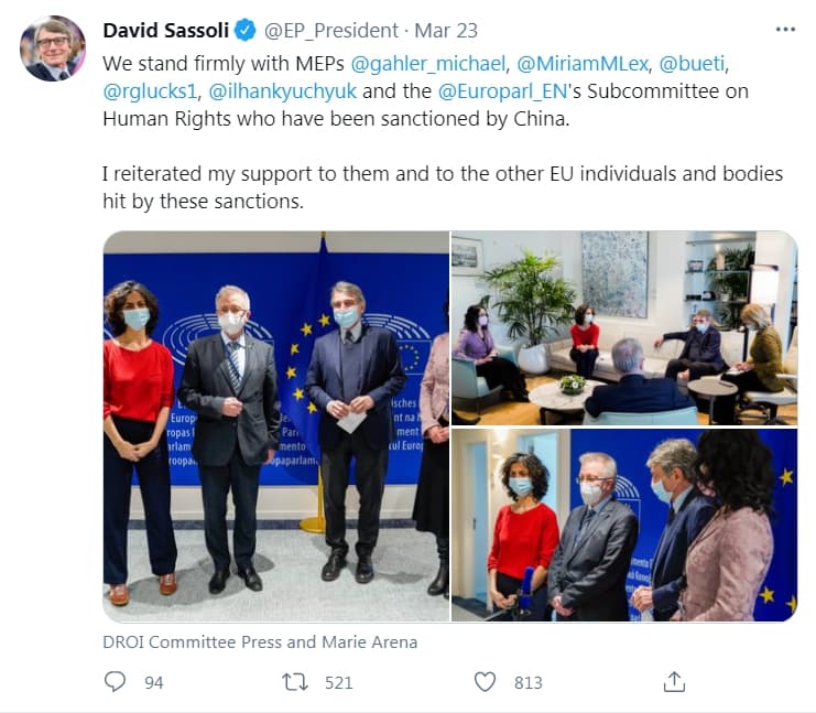 歐洲議會主席薩索利聲援被中國制裁的歐洲議員及組織,強調他們不會受到中國的威脅而放棄人權價值。(翻攝自推特@EP_President)