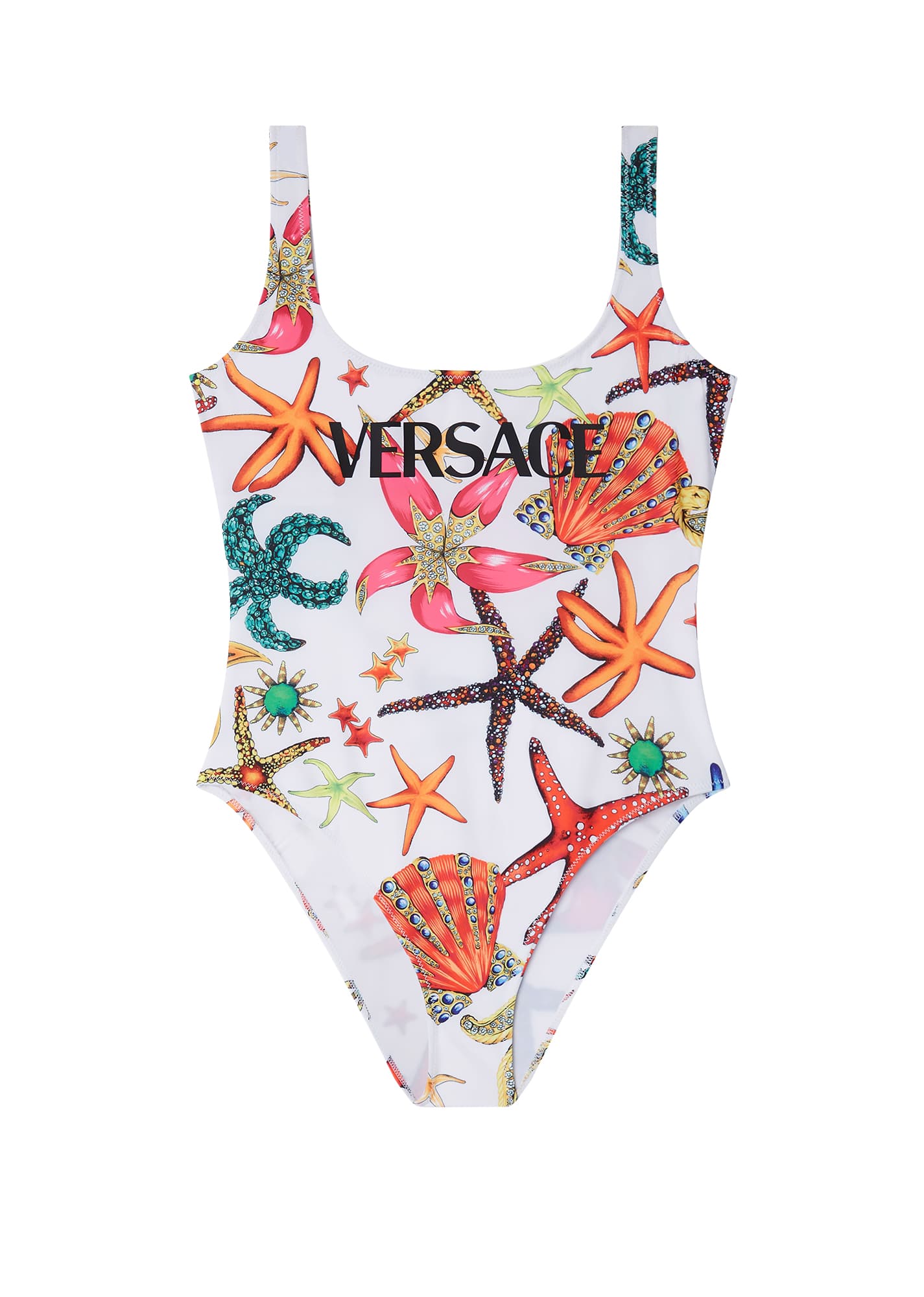 白色印花連身泳衣 NT$18,000 VERSACE。(VERSACE提供)