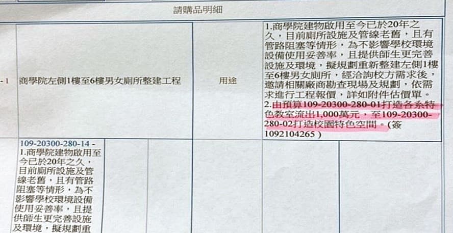 校方的請購單明確指出,挪用「打造特色教室」經費整建廁所。(讀者提供)