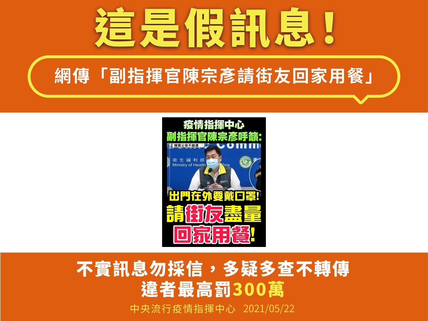 網傳陳宗彥要求「街友回家用餐」，經查證是誤導民眾的不實訊息。（刑事局提供）