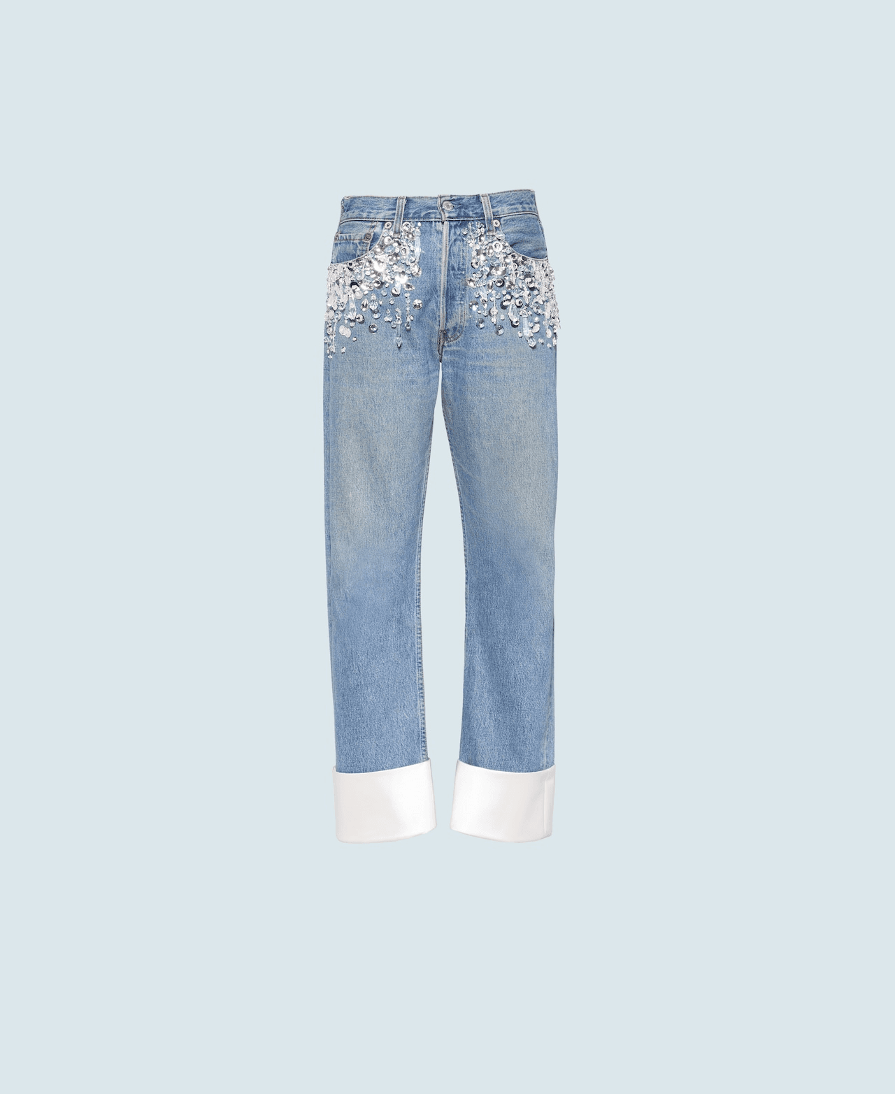 水晶絲質緞翻邊牛仔褲 $93,000 Upcycled by Miu Miu X Levi’s®。（Miu Miu提供）
