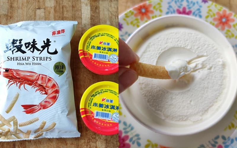 男網友用蘇打餅乾做了冰淇淋餅乾補救,也順帶分享用蝦味先沾冰淇淋的特殊吃法。(翻攝自「Costco好市多 商品經驗老實說」臉書)