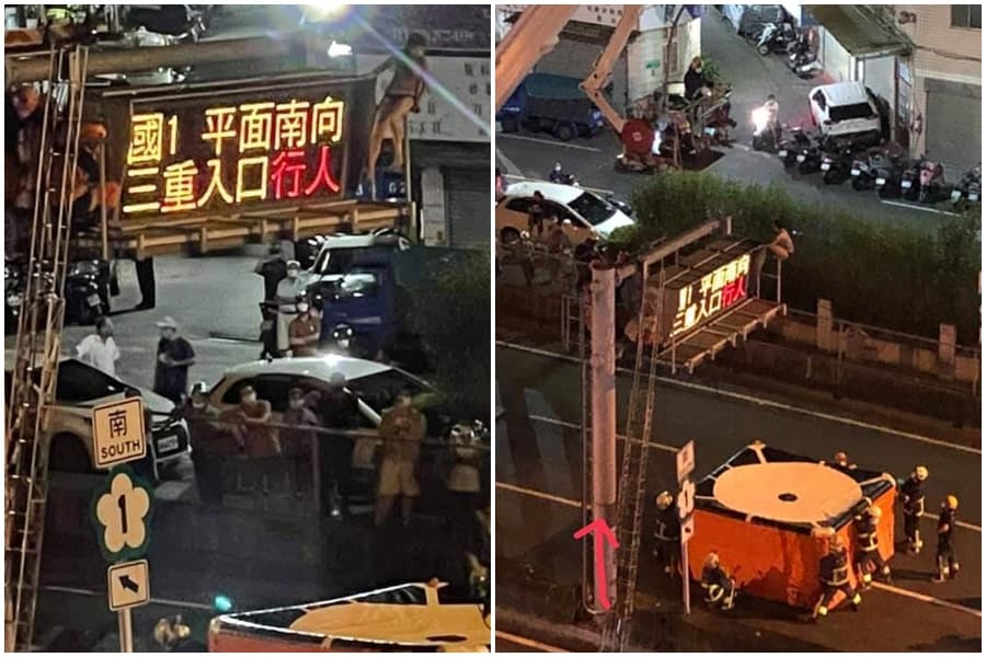 一名穿黑色激短熱褲妹,綁著馬尾、穿著杏色上衣,爬上號誌燈柱引發關注。(翻攝自臉書爆料公社)