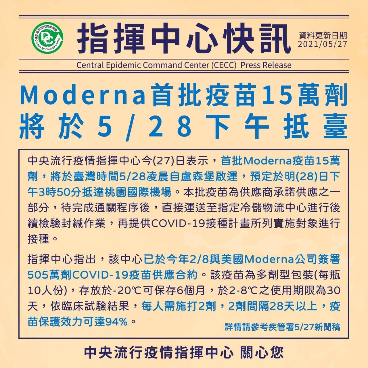 指揮中心證實,15萬劑莫德納疫苗明天將抵台。(指揮中心提供)