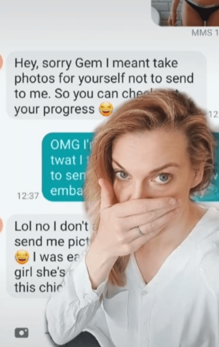 因為誤傳內衣照給健身教練,賀兒尷尬到忍不住掩面。(翻攝自Gemma Hill抖音)