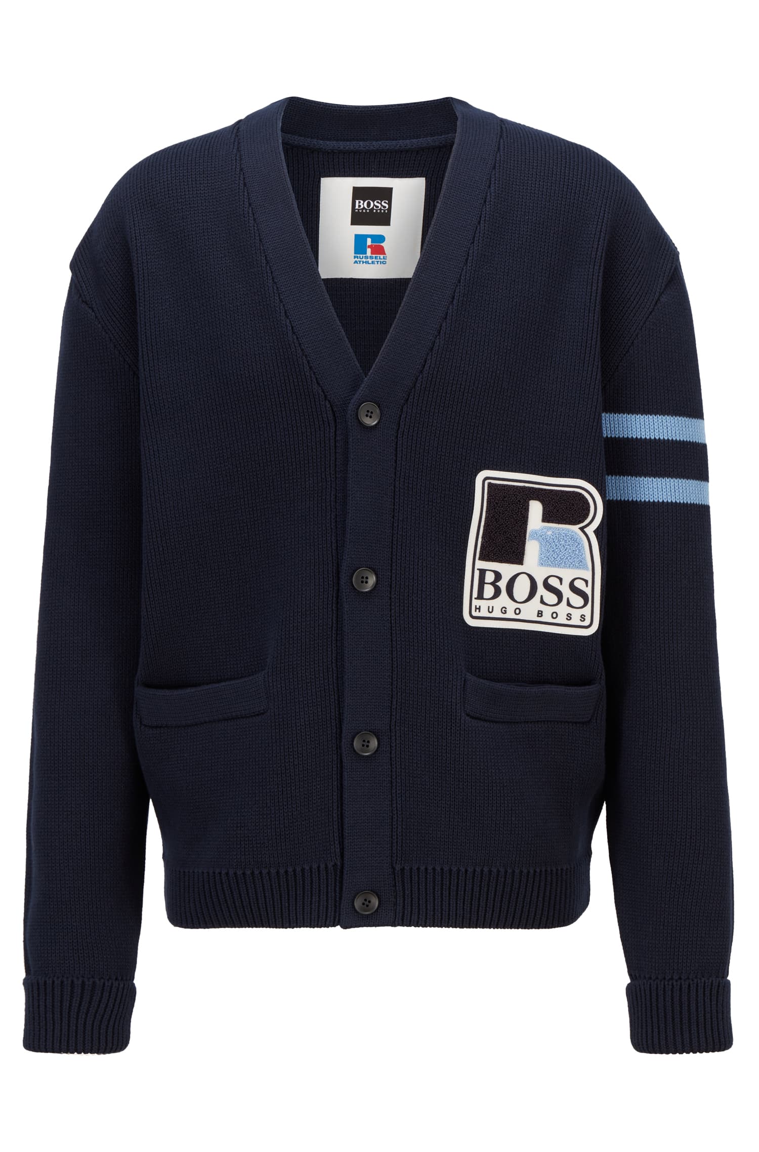深藍色開襟針織外套NT$13,400 BOSS X Russell Athletic 。（BOSS提供）