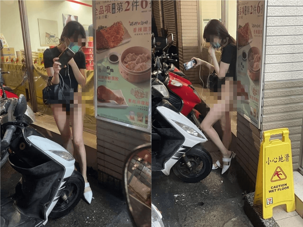 上週有網友在臉書社團,貼上一名女子站在暴雨中,身穿高衩泳衣的照片。(翻攝「爆廢公社公開版」)