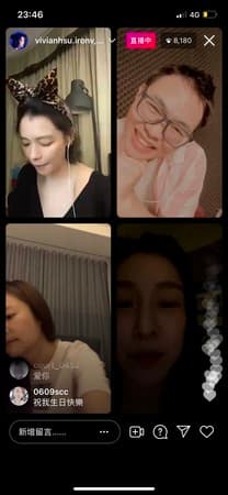 徐若瑄(左上)直播邀請林心如(左下)、范瑋琪(右下)等人合體。(翻攝自徐若瑄ig)