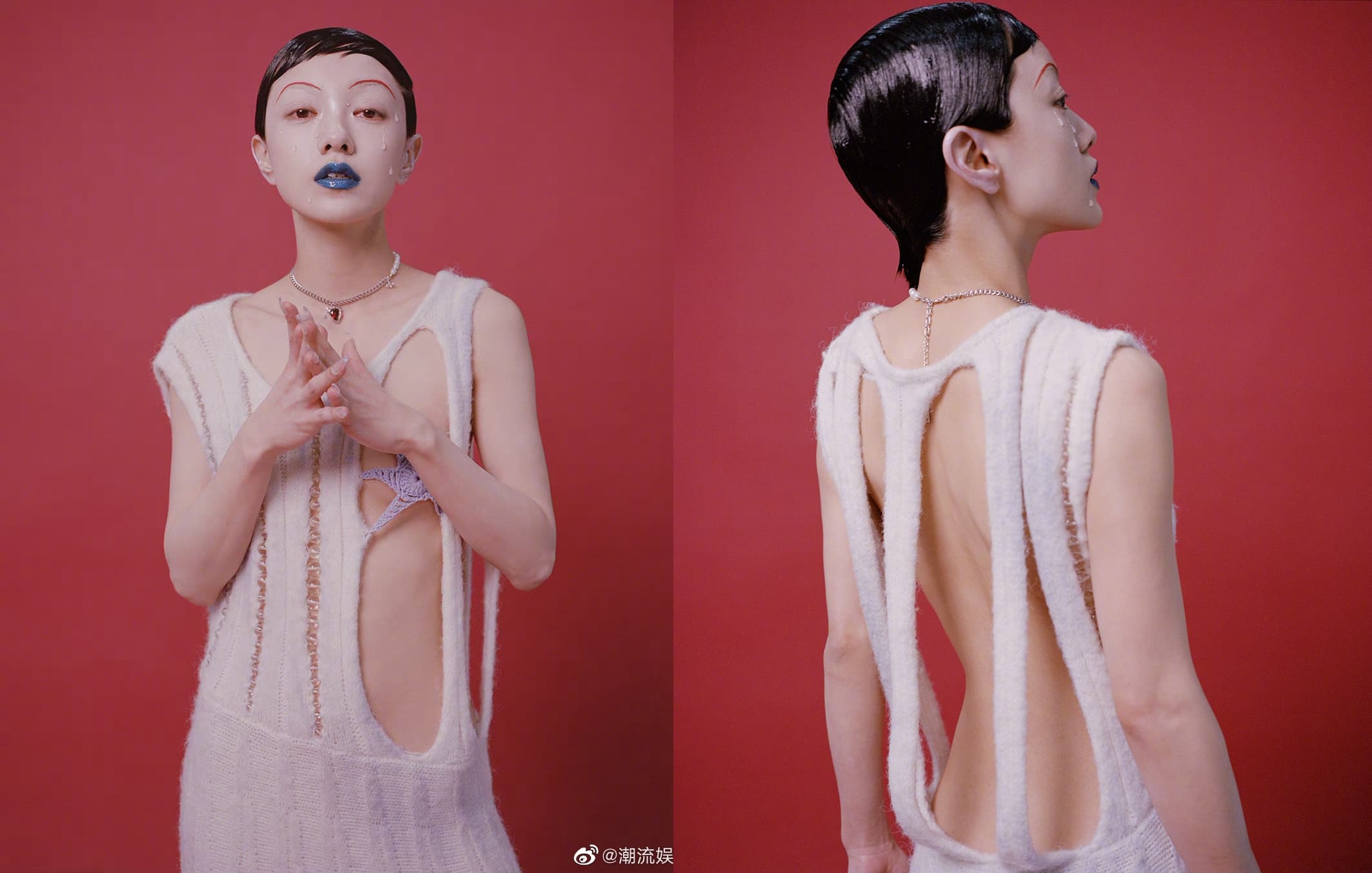 郭采潔穿上前後都大鏤空的白色針織洋裝,展現美妙曲線。(翻攝自郭采潔微博)