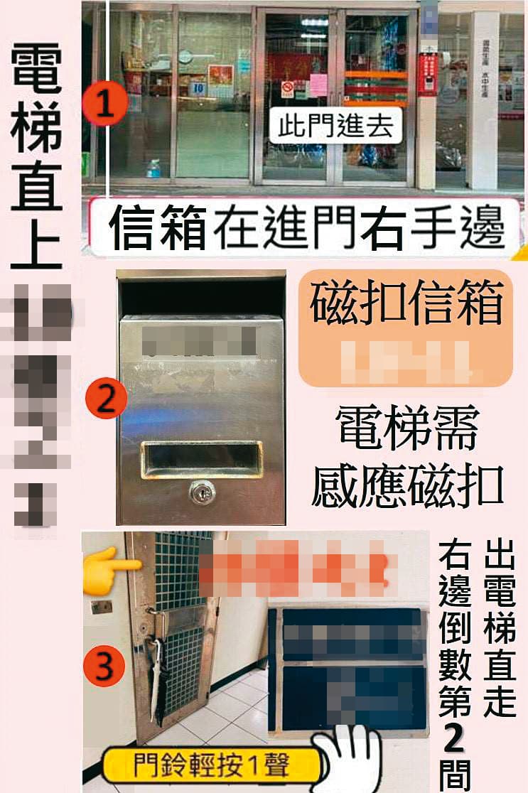 應召業者將電梯感應磁扣放在信箱,製圖引導尋芳客進入小姐房間。(讀者提供)
