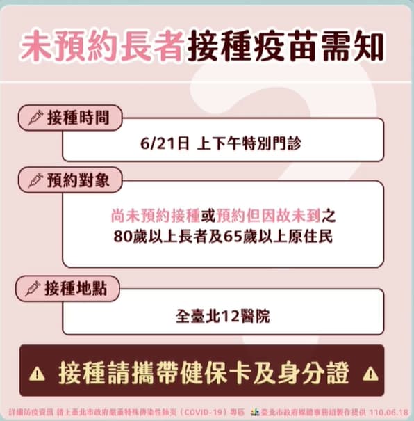 柯文哲提醒未預約接種疫苗的長者,持健保卡與身分證前往指定醫院打疫苗。(翻攝自柯文哲臉書)