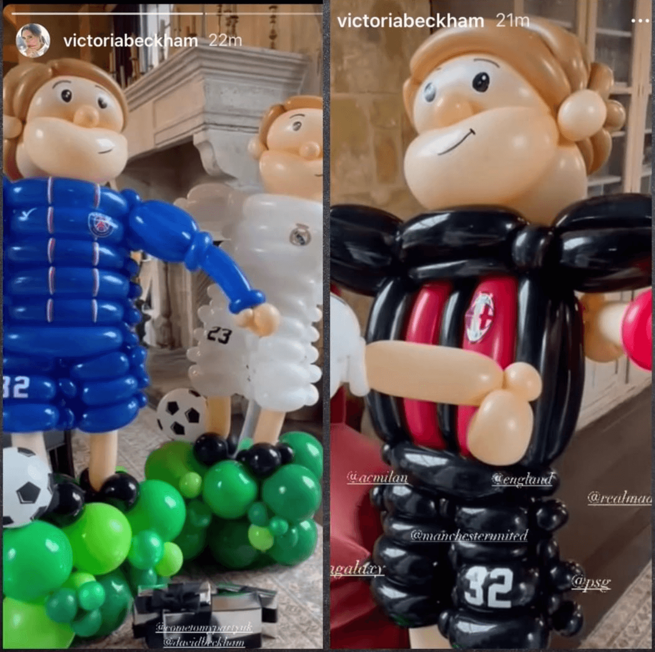 貝嫂特地請人製作貝克漢造型汽球,象徵他效力過的球隊。(翻攝victoriabeckham IG)