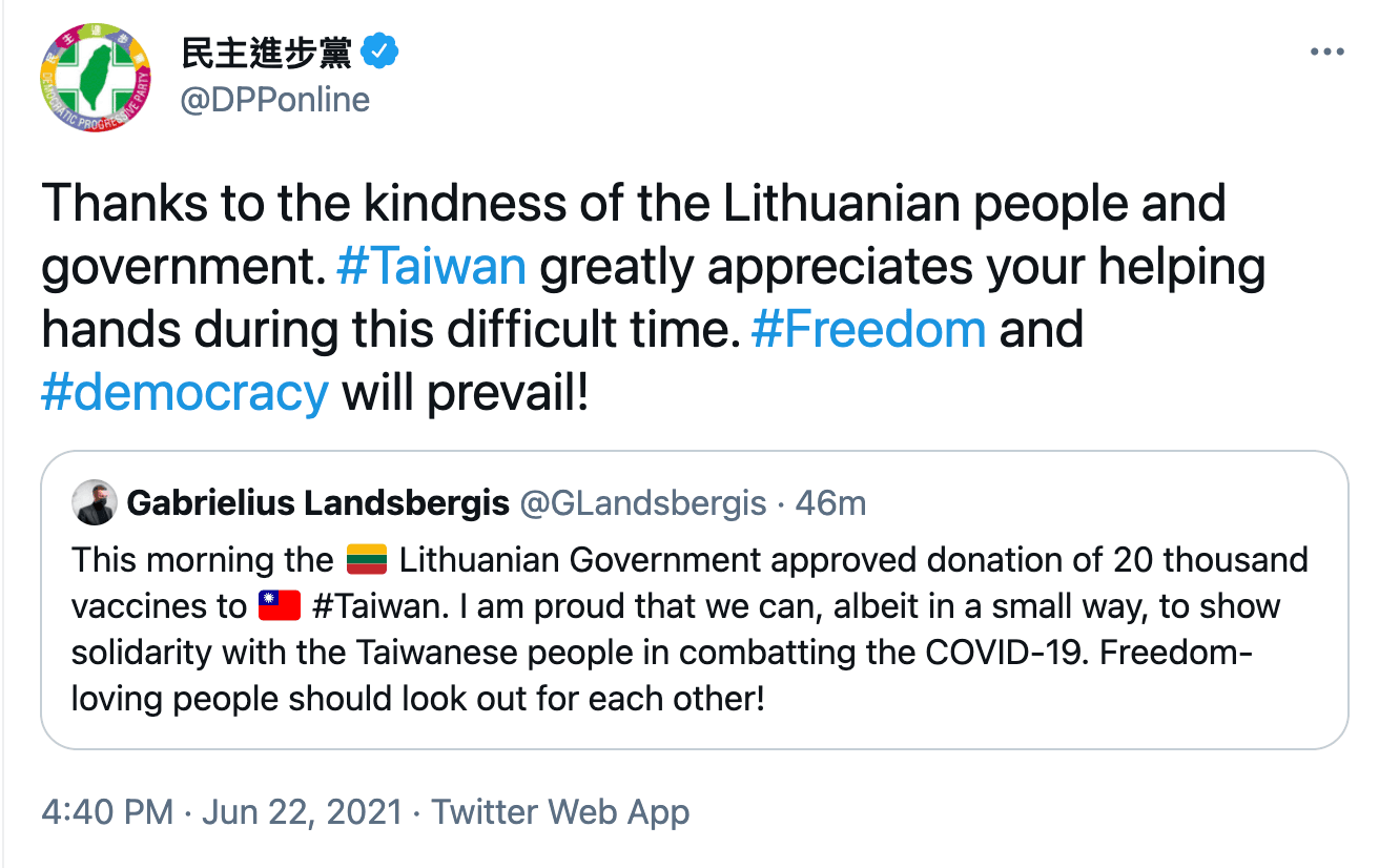 立陶宛外交部長藍斯柏吉斯在推特證實此消息,民進黨回應致謝。(翻攝推特)