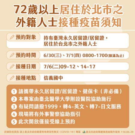 72歲以上居住於北市外籍人士,可上台北醫學大學附設醫院的網站預約接種疫苗。(台北市政府提供)