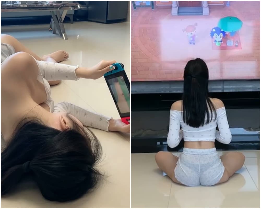 申才恩穿著家居服坐在電視前玩Switch，內褲若隱若現。（翻攝自申才恩IG）