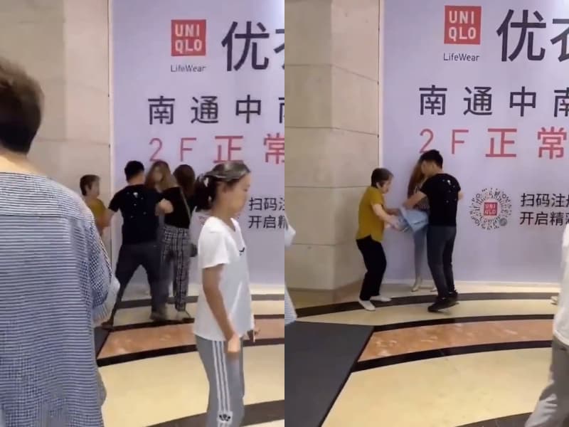先生見小三被逼到牆邊質問，一把推開正宮（左圖）；丈母娘難忍女兒受欺侮，拿起手邊雨傘狂打女婿（右圖）。（翻攝自微博）