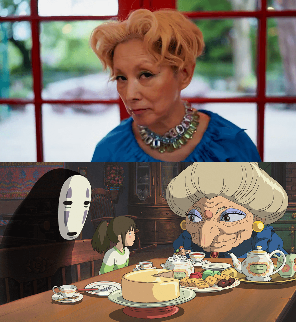 夏木麻里(上圖)記者會上的打扮和服裝與動畫中的湯婆婆十分相近,她更特地以湯婆婆的聲音錄製影片向觀眾問好。(上圖翻攝自吉卜力工作室Twitter,下圖翻攝自《神隱少女》舞台劇Twitter)