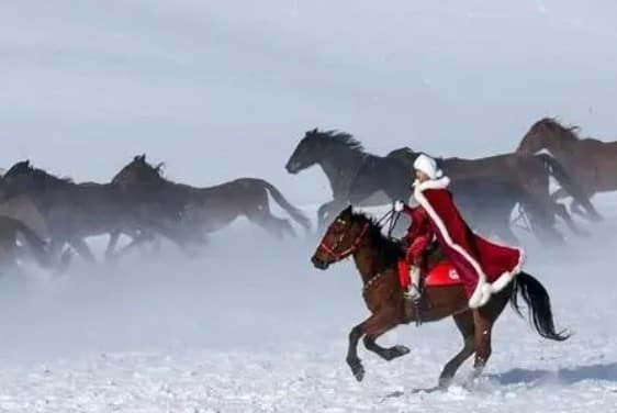賀嬌龍2020年時，因身披紅斗篷、馳騁雪原的影片，在網路爆紅。（翻攝自微博）
