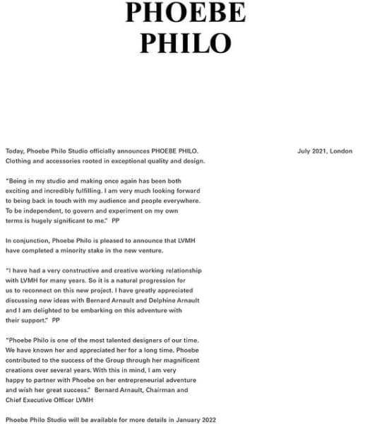 Phoebe Philo同時透過《BOF》發表聲明。（翻攝自BOF IG）