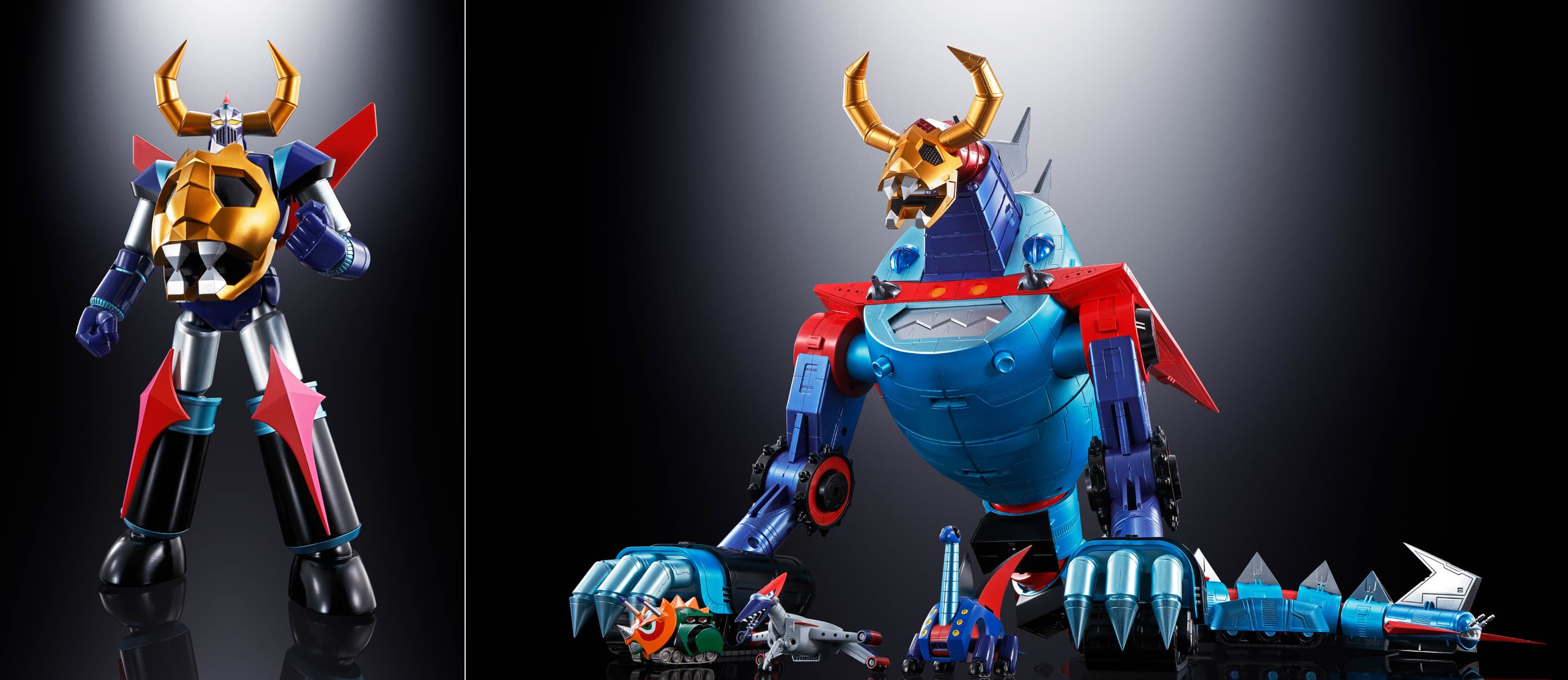 首度在台公開的超合金魂「GX-100鎧王」(左)與「大空魔龍」試作品。(台灣萬代南夢宮提供)