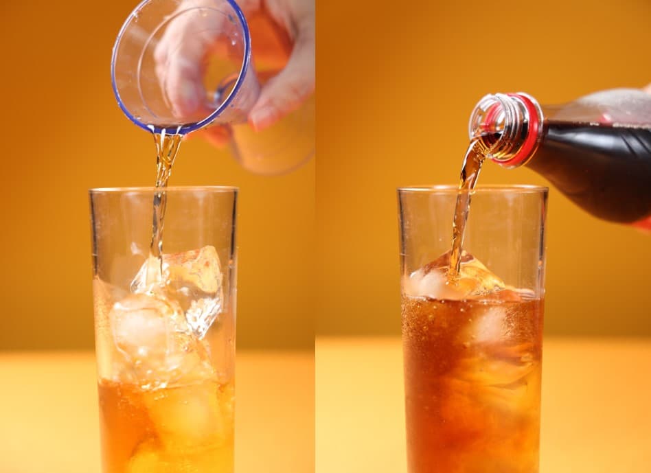 普雷森鳳梨蘭姆酒與可樂比例為 1：3，也可依個人對酒感喜好度將比例 調整為1：2。