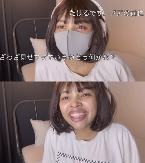 影片中momohaha在粉絲的要求之下摘下口罩。(翻攝自momohaha YouTube)