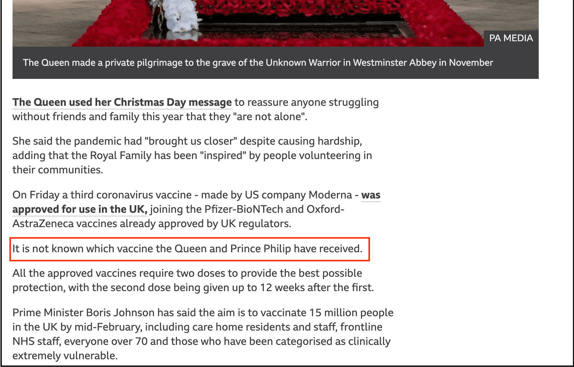 BBC報導寫道:「目前尚不清楚女王和菲利普親王接種了哪款疫苗。」(翻攝BBC官網)