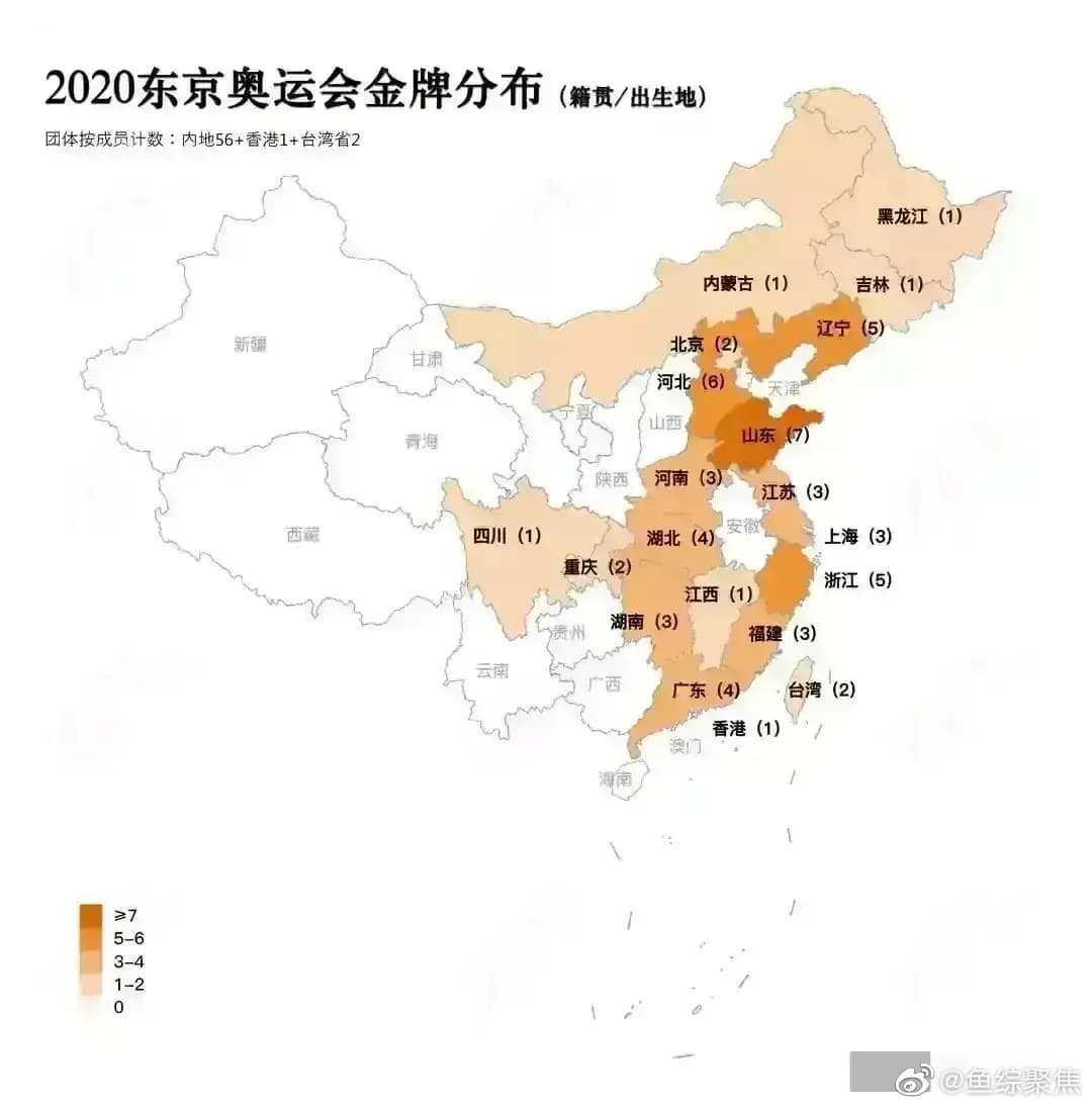 中國網路流傳這張「2020東京奧運會金牌分布圖」,環繞安徽的浙江、江蘇、山東等省均有金牌入帳,只有安徽一片空白,格外醒目。(翻攝微博)