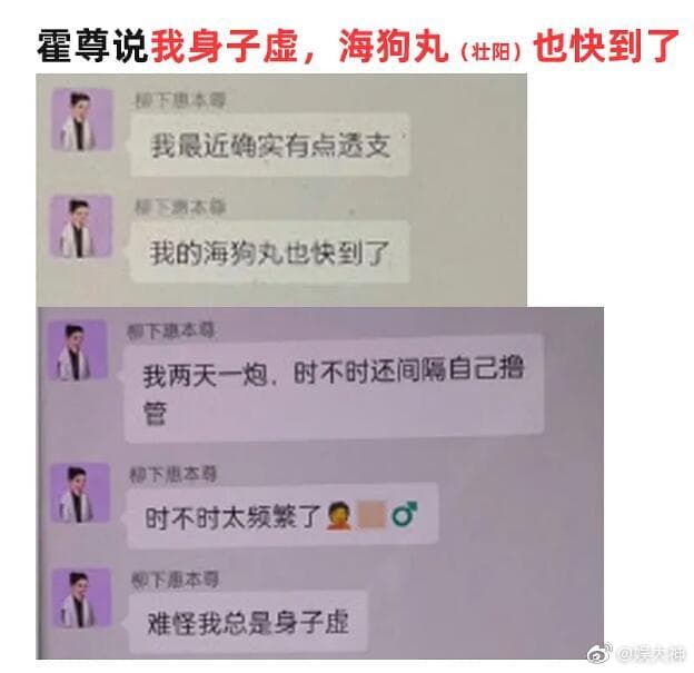 霍尊在群組裡的發言十分猥褻,還透露自己吃壯陽藥海狗丸。(翻攝自微博)
