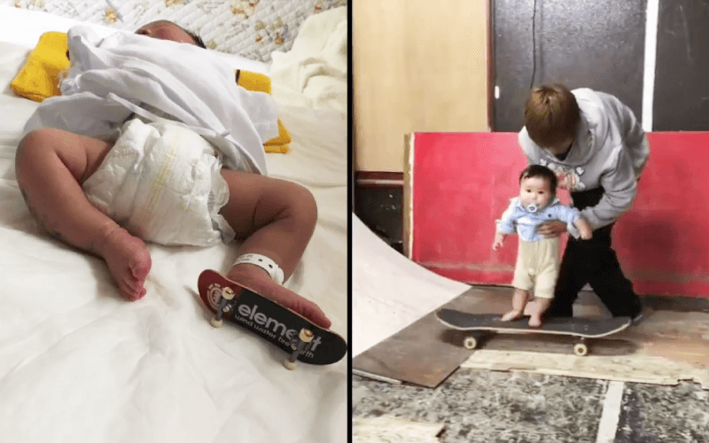 剛出生包著尿布的石塚吏太就已腳踏小滑板,從小就跟著兩位職業滑板手的哥哥接觸滑板運動。(翻攝IG@r.i1116)