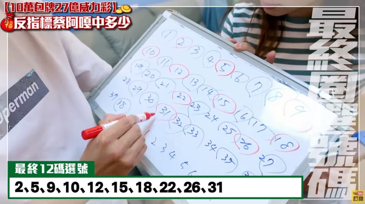 蔡阿嘎和二伯各自選出自己想要的數字,之後再從剩下的數字挑選12個號碼跟1個特別號,認為這樣可以「負負得正」。(翻攝自YouTube頻道:蔡阿嘎Life)