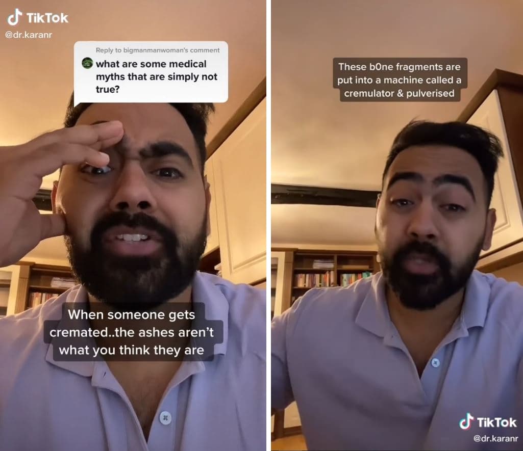 這部講解火化過程的影片已經超過94萬次觀看。（翻攝自TiKToK @dr.Karanr）