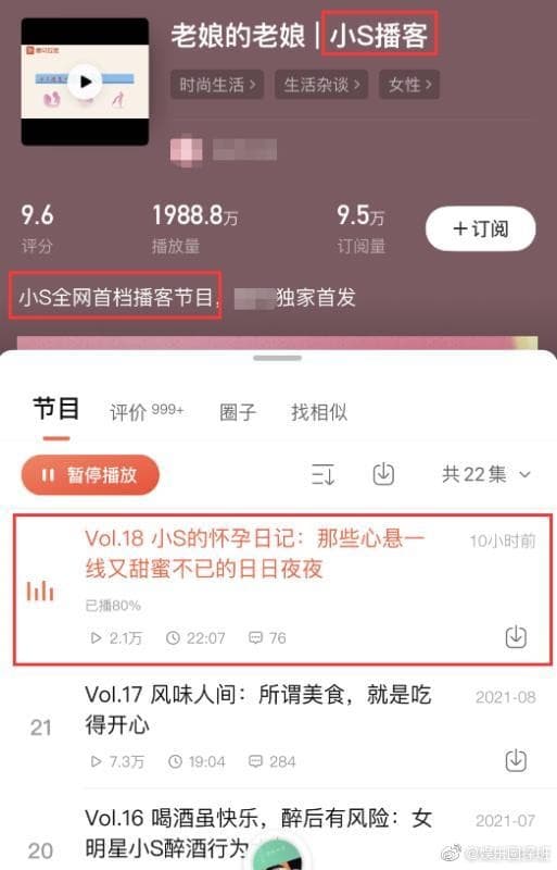  小S更新Podcast節目，大聊懷孕過往。（翻攝自微博娛樂圈探班）