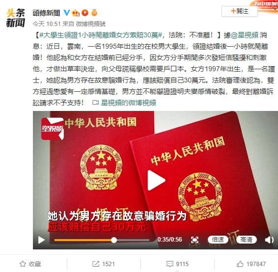 大學生結婚之後1小時就鬧離婚，在網路上引起熱議。（翻攝自微博）