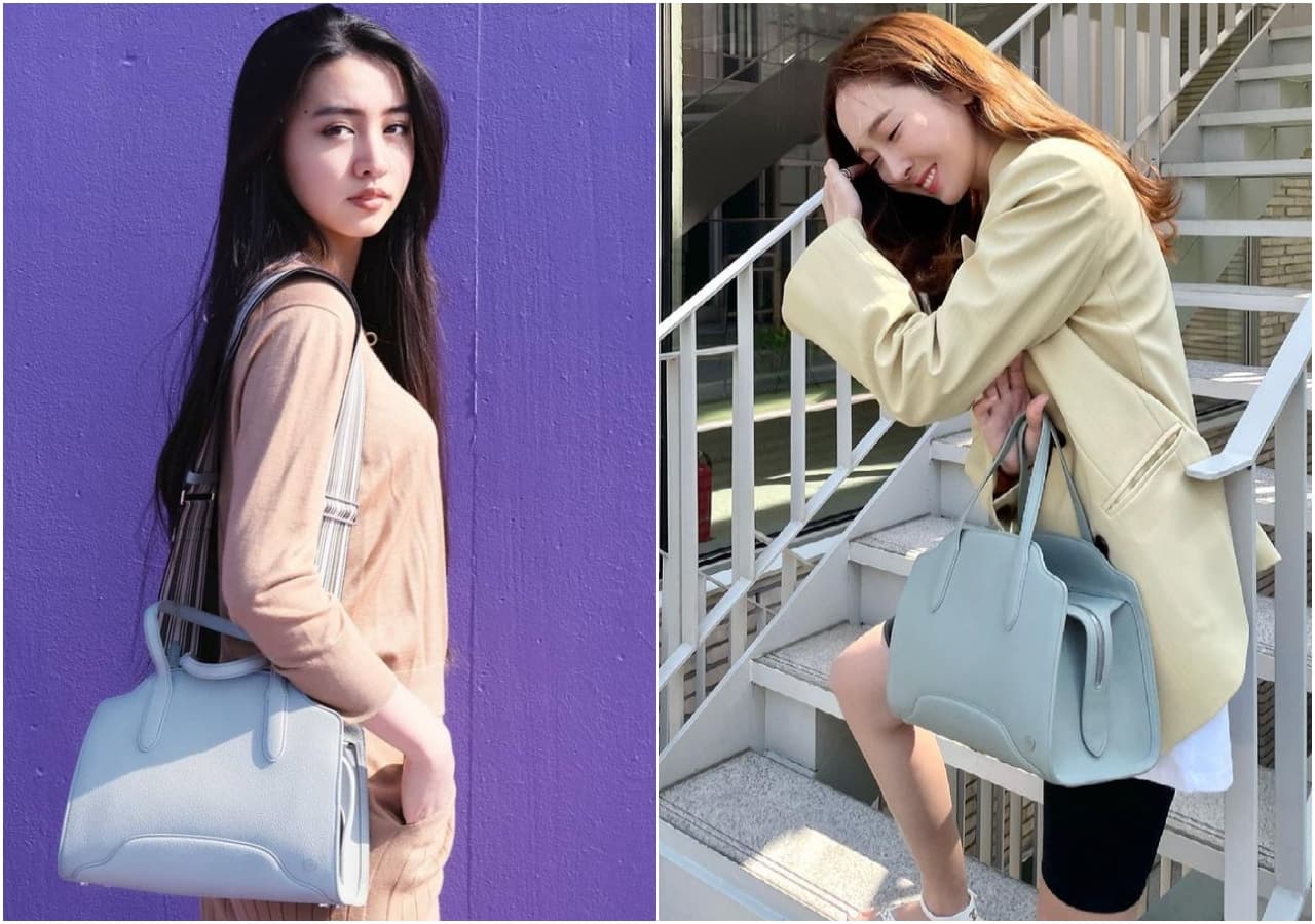 18歲的木村光希與32歲的潔西卡,背著的都是尤加利綠色Sesia系列手提包。NT$142,000(Loro Piana提供)