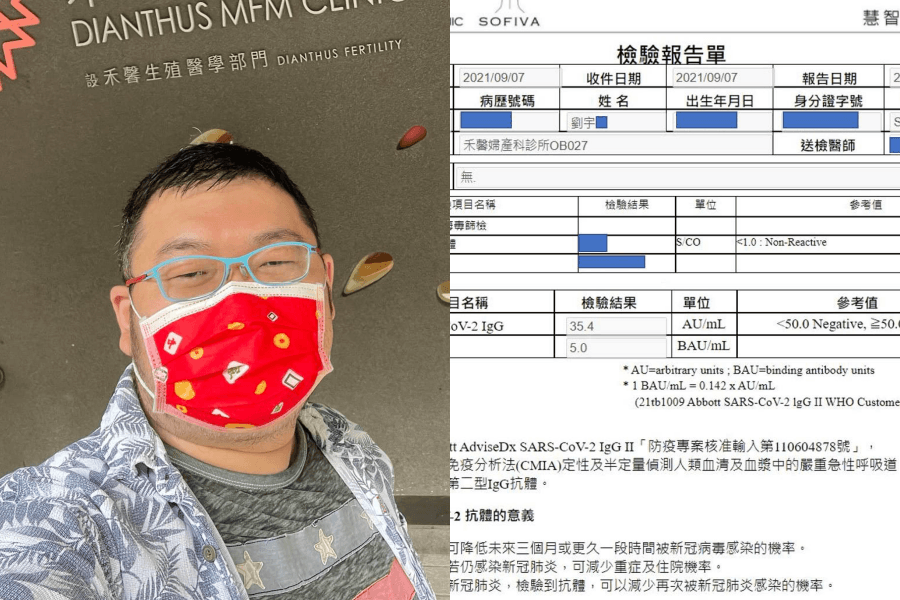 網紅四叉貓今日在臉書公布自己打高端疫苗15天後體內的抗體檢驗報告,結果為「有產生抗體但數值偏低」。(翻攝自劉宇臉書)