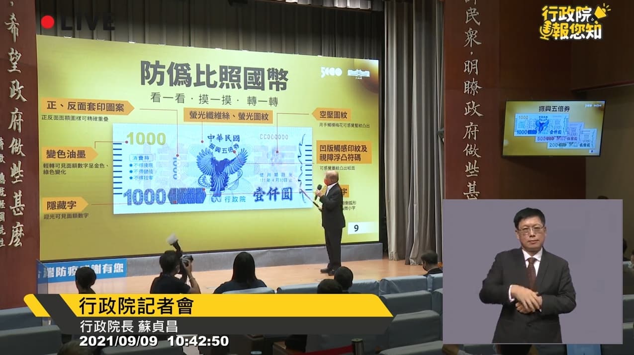 五倍券的防偽功能比照國幣。(翻攝自行政院直播)