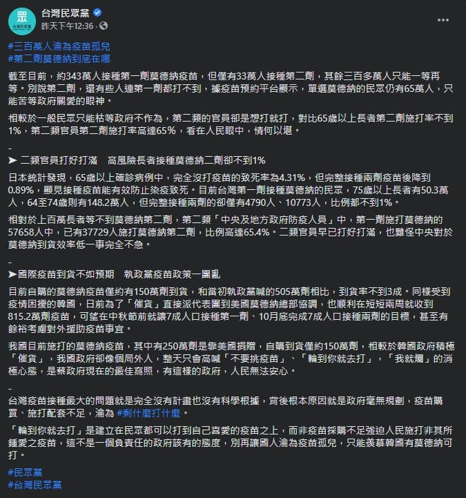 民眾黨爆料,「二類官員打好打滿,高風險長者接種莫德納二劑卻不到1%」。(翻攝自台灣民眾黨臉書)