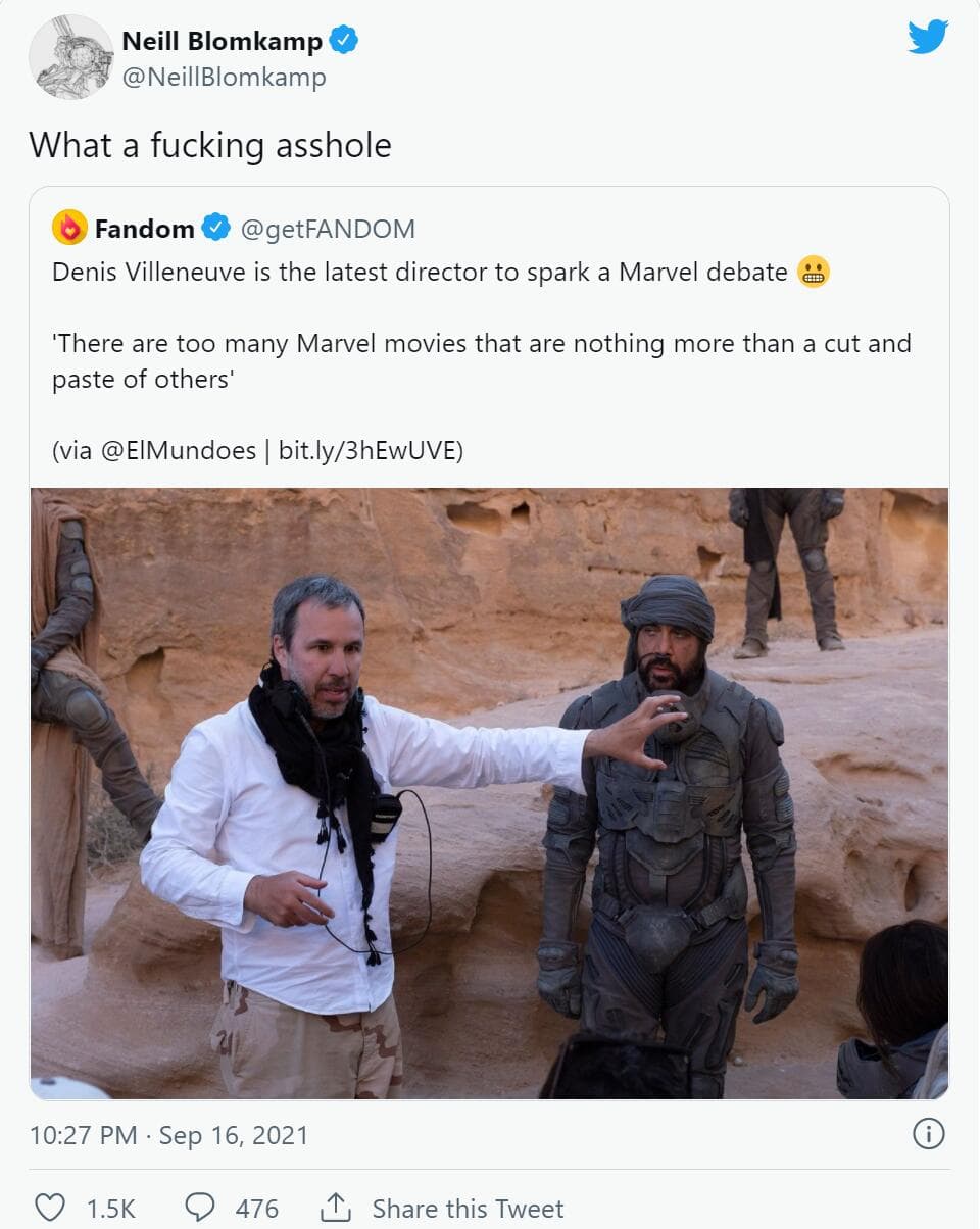 《沙丘》導演批評漫威電影新聞釣出《第九禁區》導演尼爾布洛姆坎普大罵「他X的混蛋」。（翻攝自推特）