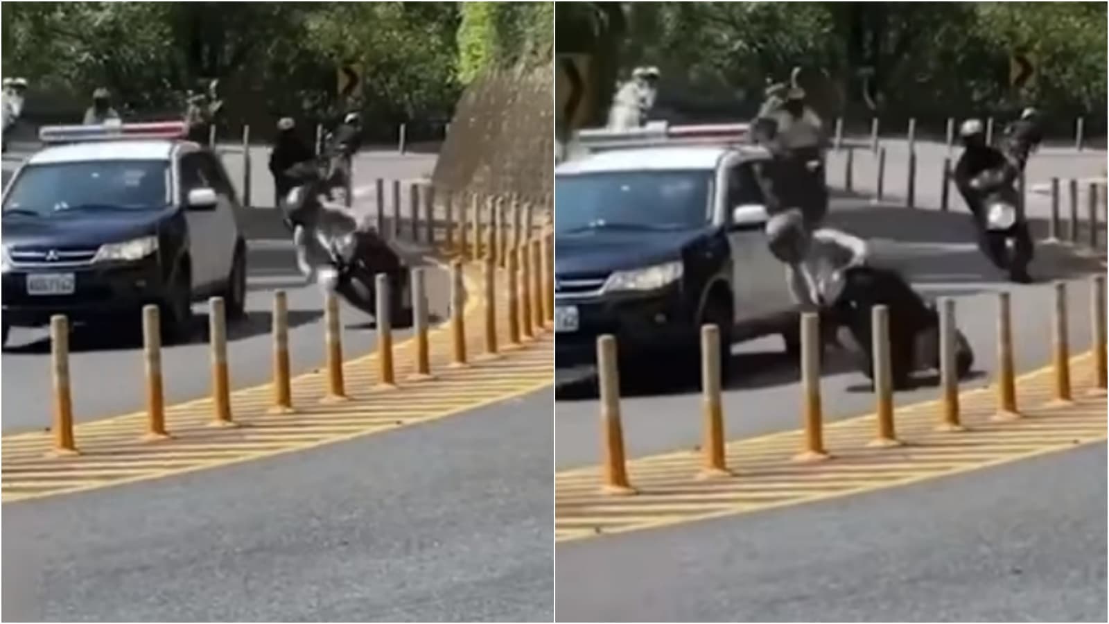 重機騎士無視彎道禁止超車的規定，直接壓車超過警車。（翻攝自臉書社團）