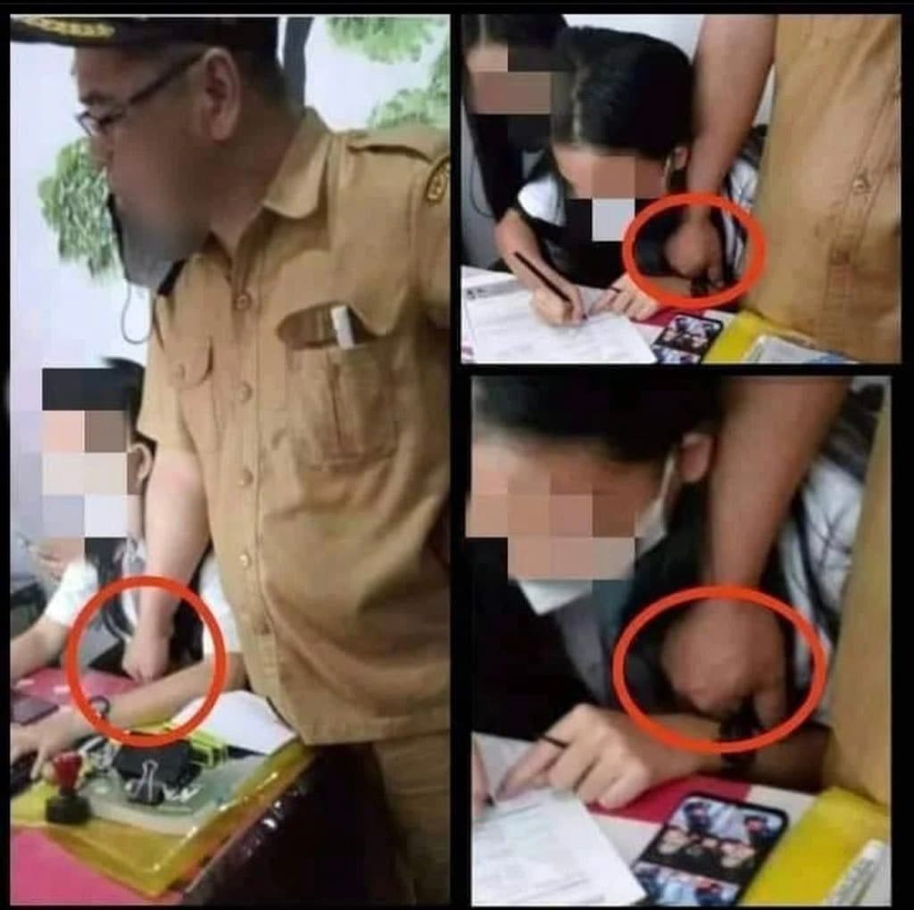 網友發現這張「狼師將手放在女高中生胸部上」的照片,群起憤慨要找出這名男老師。(翻攝自Tukang Rosok推特)