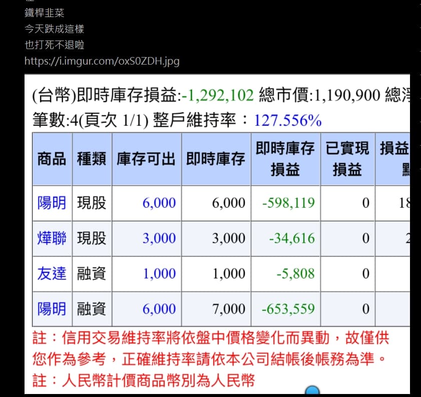一位鄉民單壓陽明,光是現股與融資就賠了百萬,但仍堅持要補錢繼續撐。(翻攝自PTT)