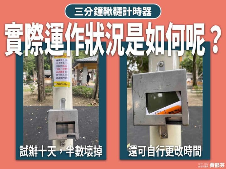 黃郁芬視察公園後,發現鞦韆計時器存有許多問題待解決。(翻攝自黃郁芬臉書)