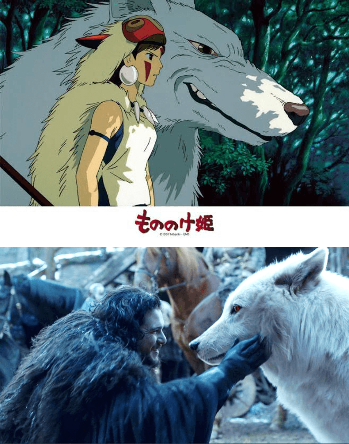 狼犬KUN與小女孩的互動,被許多網友大推好像宮崎駿動畫《魔法公主》,也有人想到美劇《冰與火之歌:權力遊戲》裡飼養冰原狼的狼家。(翻攝推特@lifen_lifen/HBO《冰與火之歌:權力遊戲》)