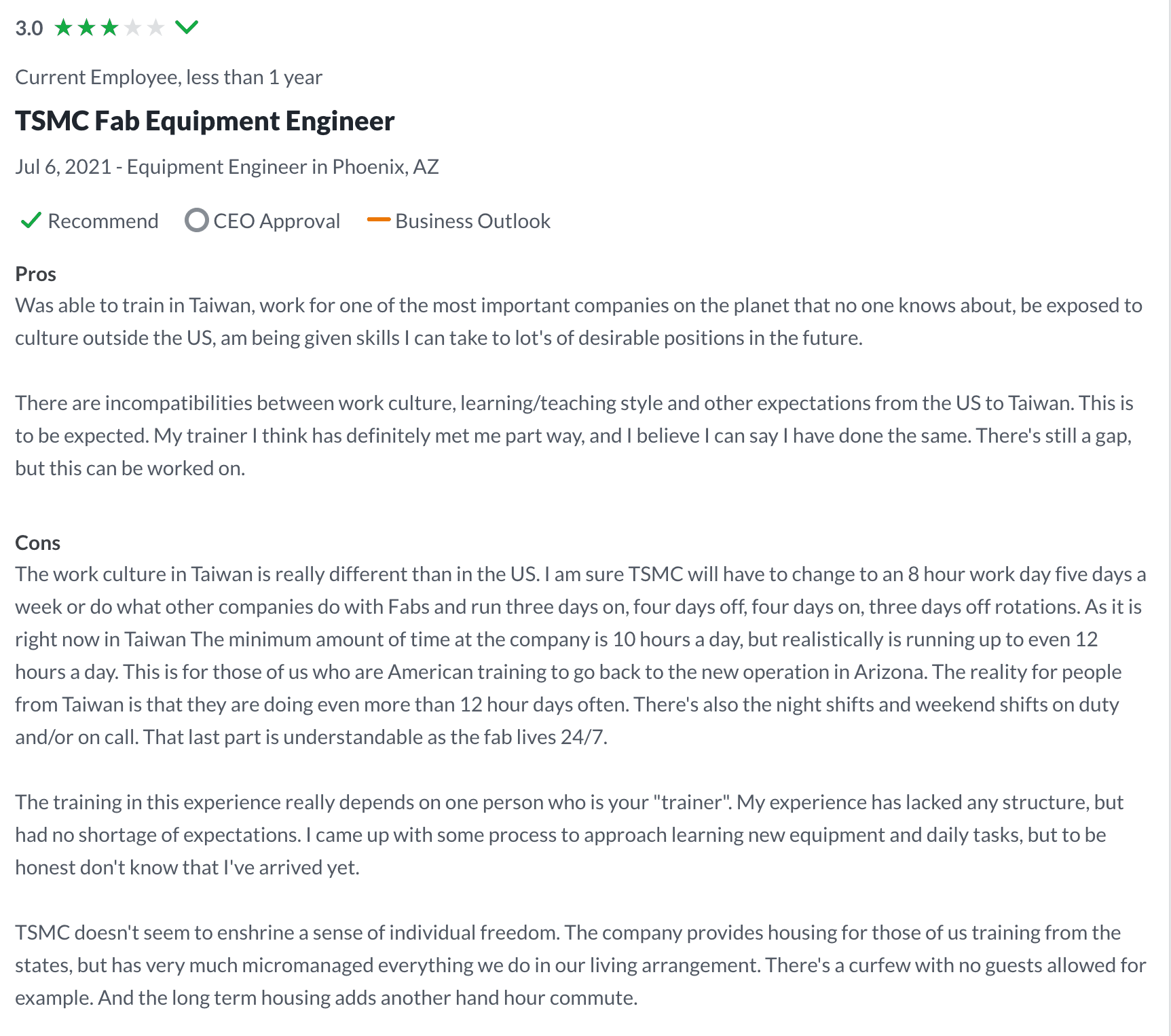 美籍工程師分享在台灣台積電受訓的心得。(擷自「Glassdoor」)