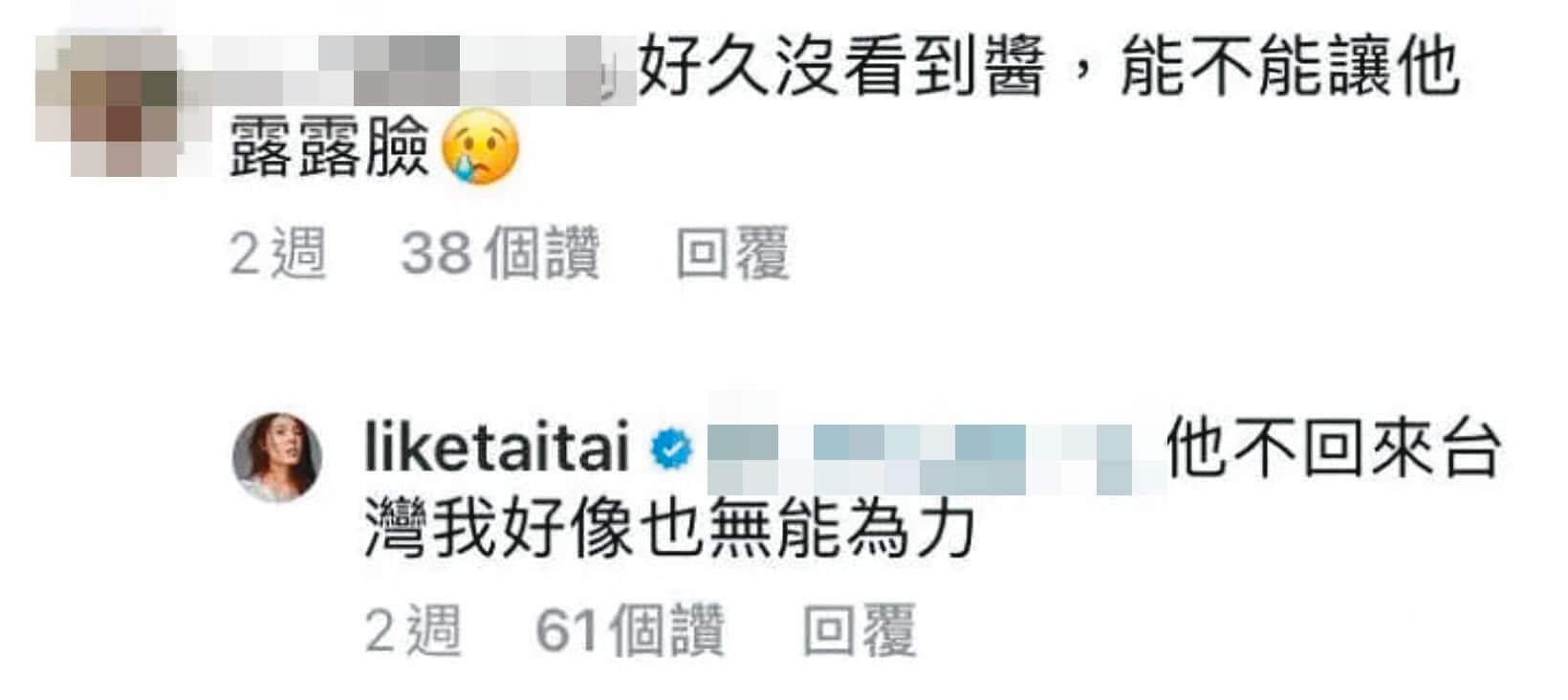 曾有粉絲留言表示想看理科先生,但理科太太直接回應先生不回台灣。(翻攝臉書)