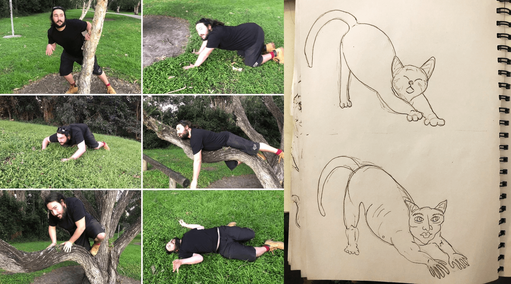 Jason Sank親自到森林中做模擬動作,並手繪創作出貓人奇幻的外貌,作為雕塑的草圖。(翻攝IG@gravelblot)