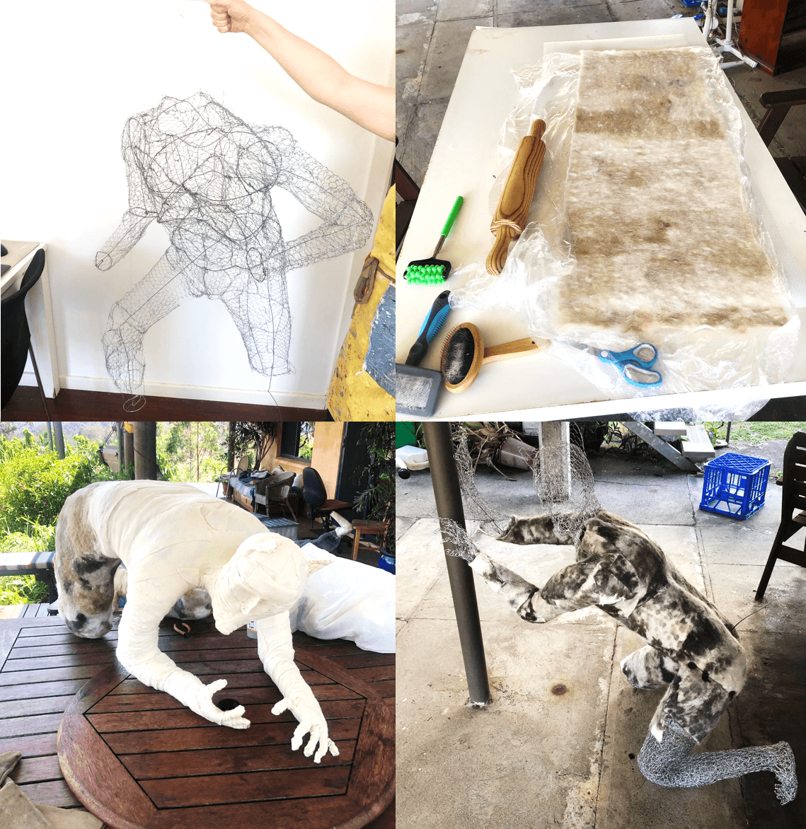 藝術家參考照片中的動作,用鐵絲做出骨架,覆蓋上布料後再將壓制成片的貓毛貼上。Jason Sank提到原本想用貓毛氈的方式,但考慮到會太費時而作罷。(翻攝IG@gravelblot)