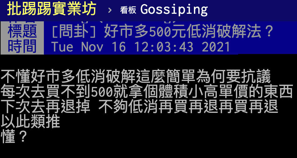 有鄉民想出破解好市多低消的方法，卻被噓爆。（翻攝自PTT）