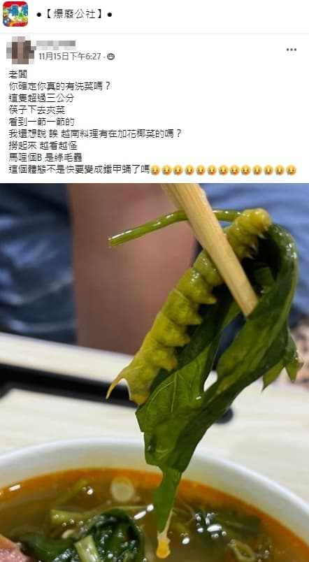 大菜蟲照片嚇壞大批網友。（翻攝自爆廢公社）